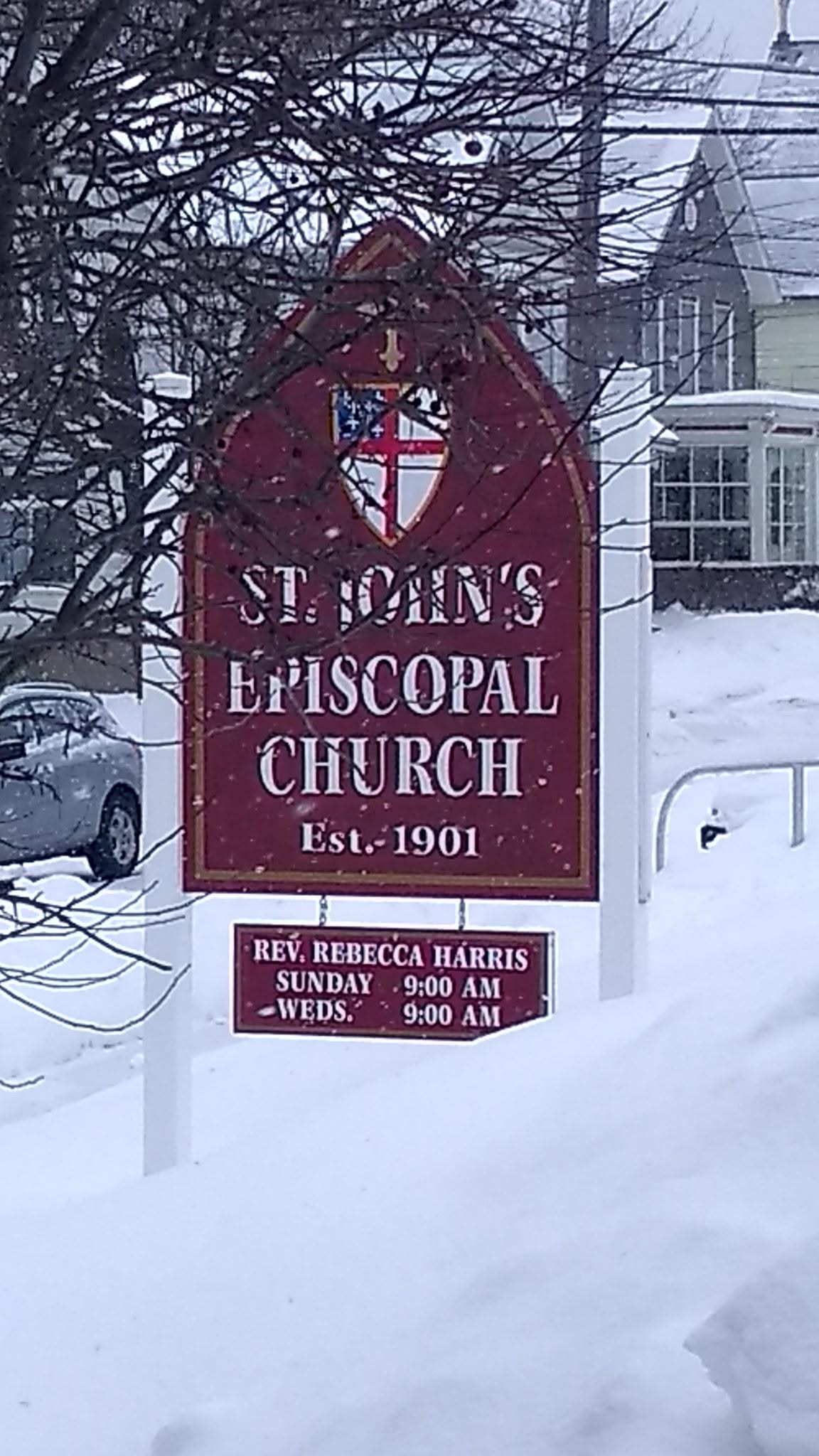 St. John's Episcopal Church sign in the snow